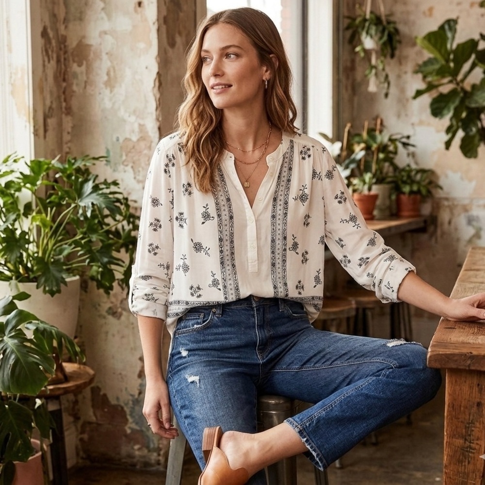 LOFT Boho Floral Tile Print Henley Coastal Grandmother Blouse Peasant Top M - Picture 1 of 11
